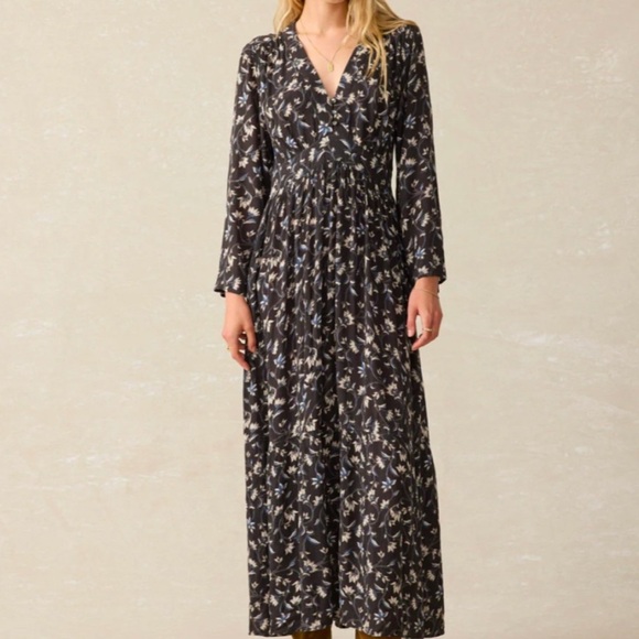 Faherty NWOT Long Sleeve Boho Peasant Navy Gray Blue Floral Maxi Dress - Picture 1 of 11